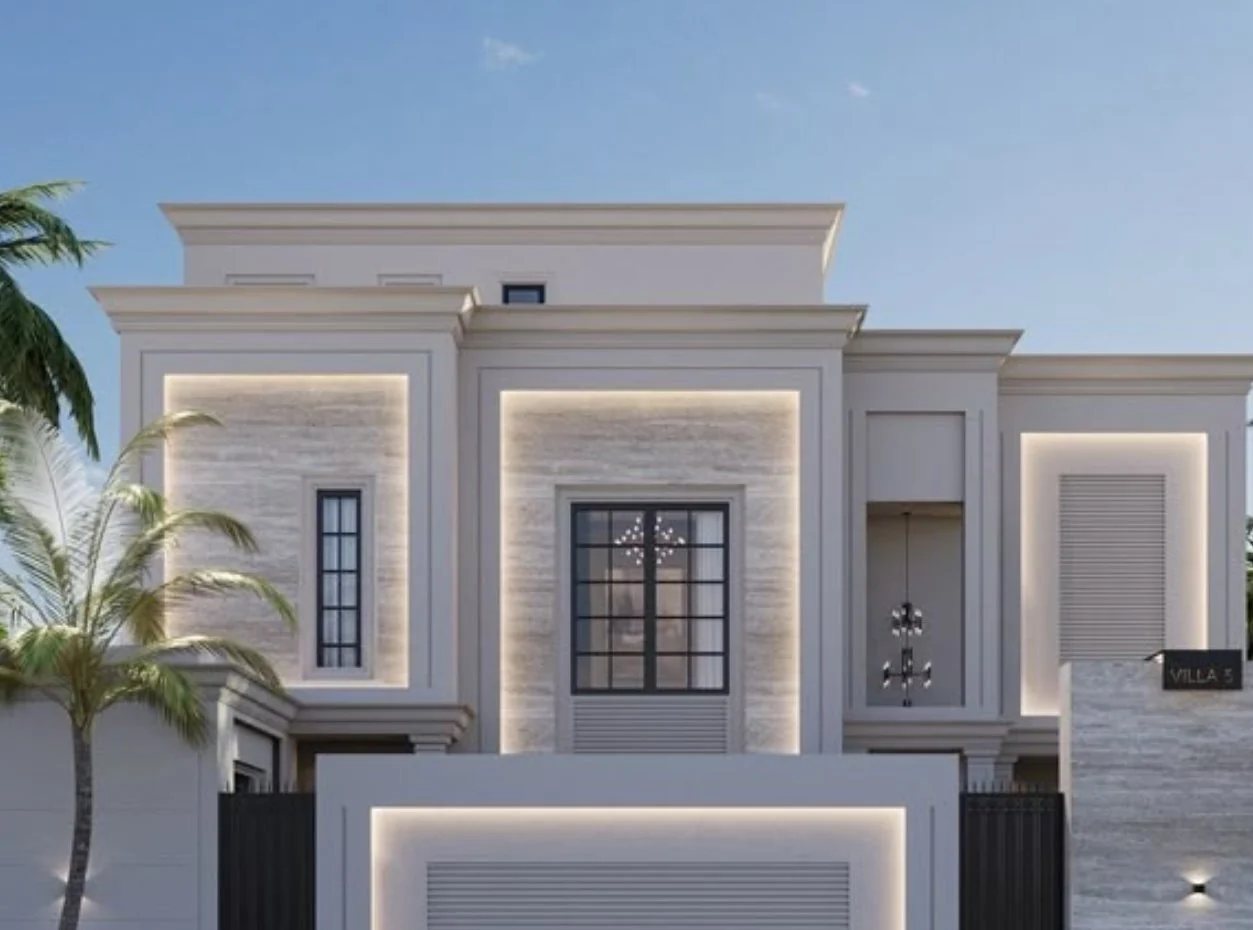 تصميم واجهة فيلا بطابع كلاسيكي وإضاءة ليلية