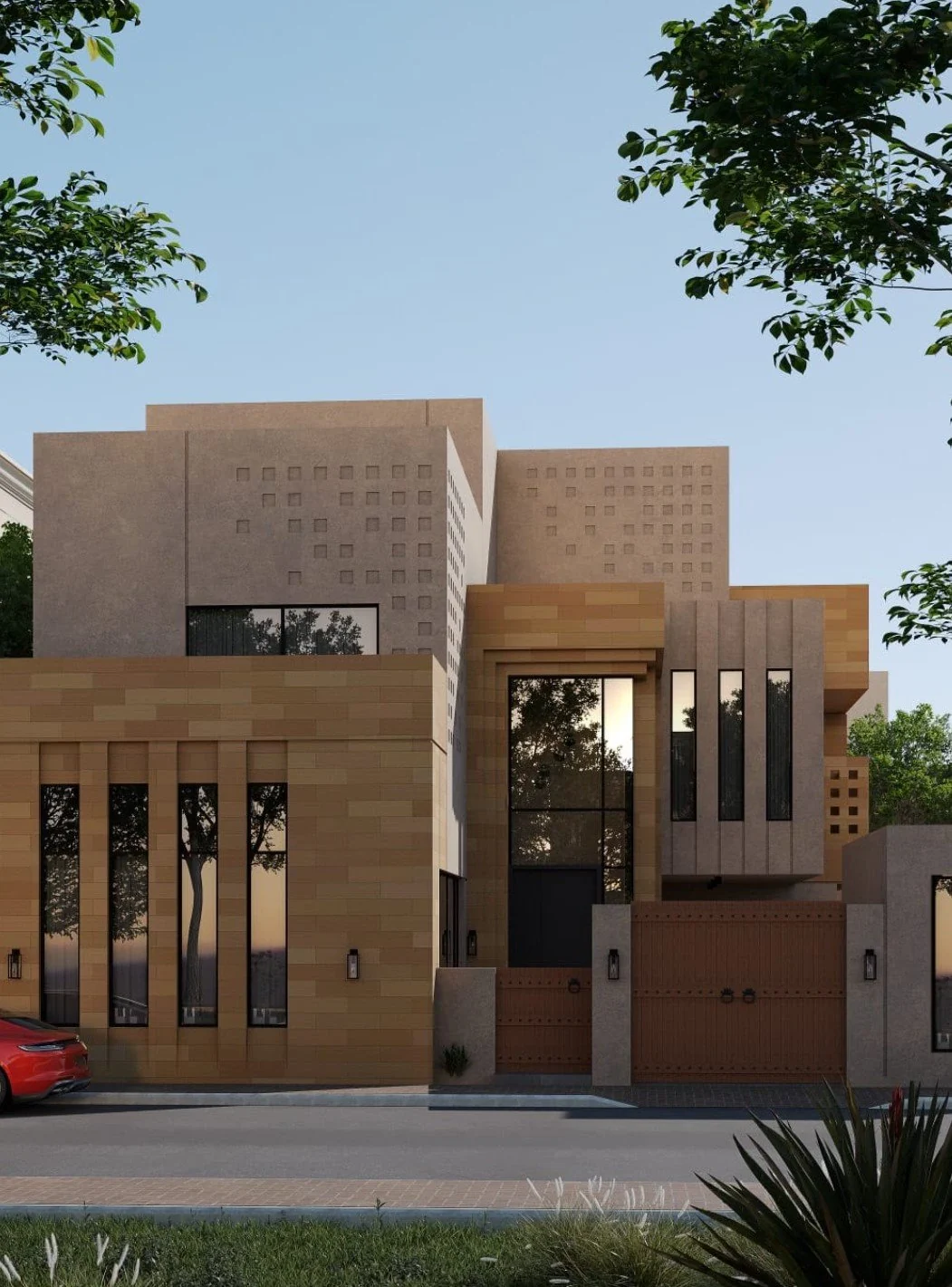واجهة فيلا سكنية بتكسيات حجرية وإضاءة معمارية